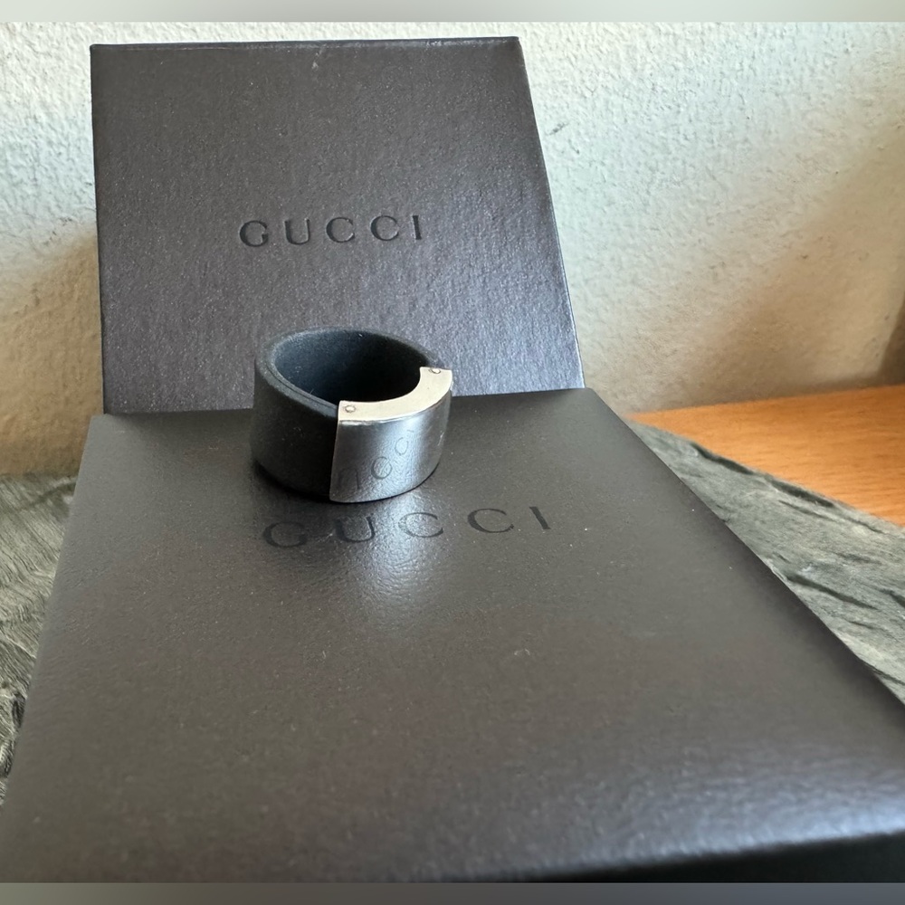 GUCCI SILICONE RUBBER SILVER WIDE BAND RING ITALY SIZE 7.0